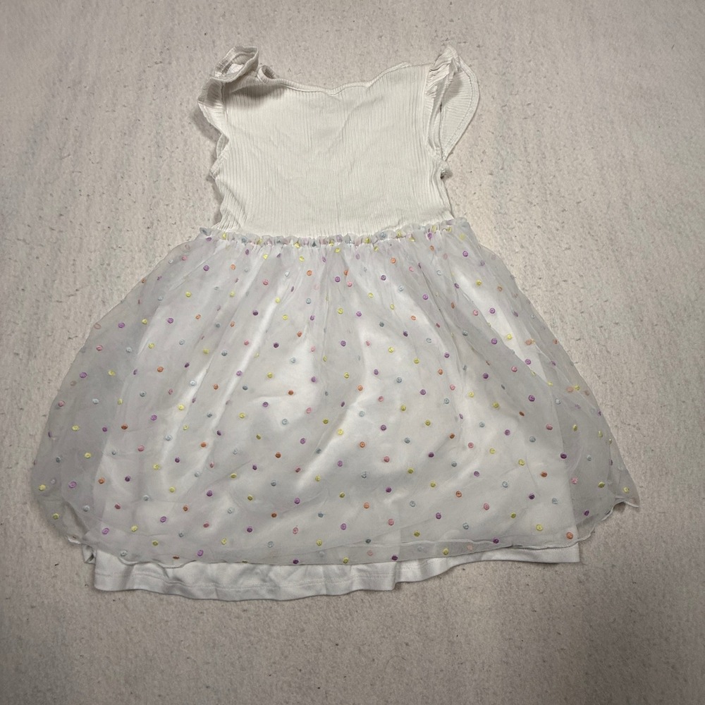 Jumping Beans Girls White Ribbed Tulle Polka Dot Dress Size 7 Ruffle Sleeve